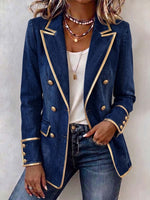 Women's Long-sleeved Casual Loose Denim Jacket With Collar And Gold Trim