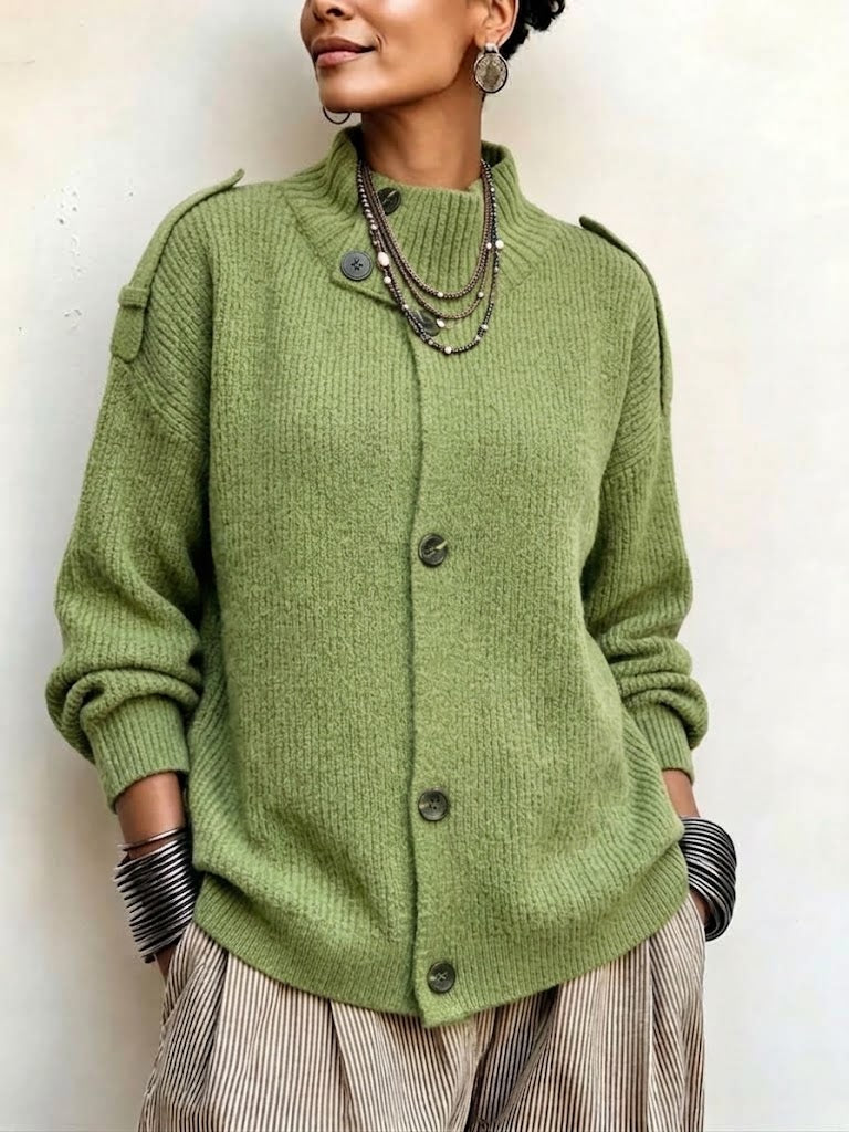 Asymmetric-button Loose Knit Cardigan