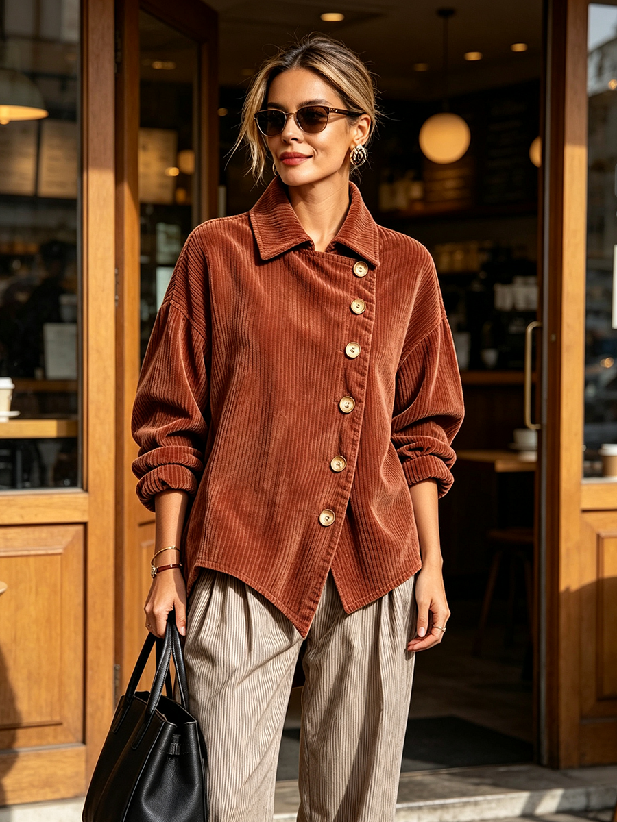 Elegant Asymmetrical Corduroy High-low Hem Blouse