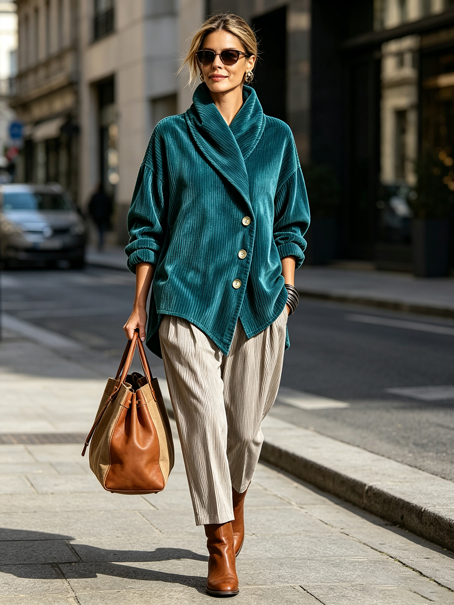 Chic Teal Corduroy Shawl Collar Asymmetric Cut Top