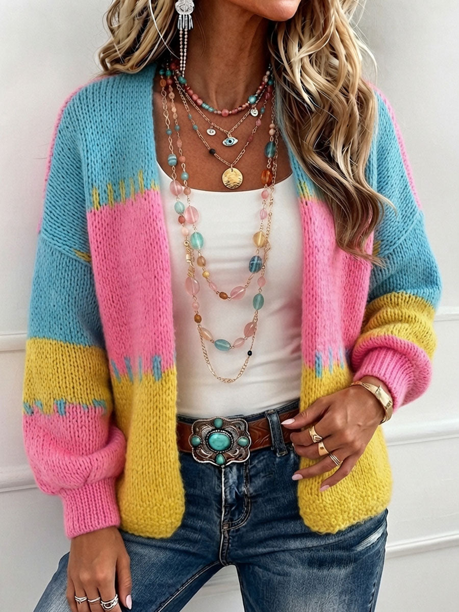 Boho Colorblock Chunky Knit Oversized Cardigan Sweater
