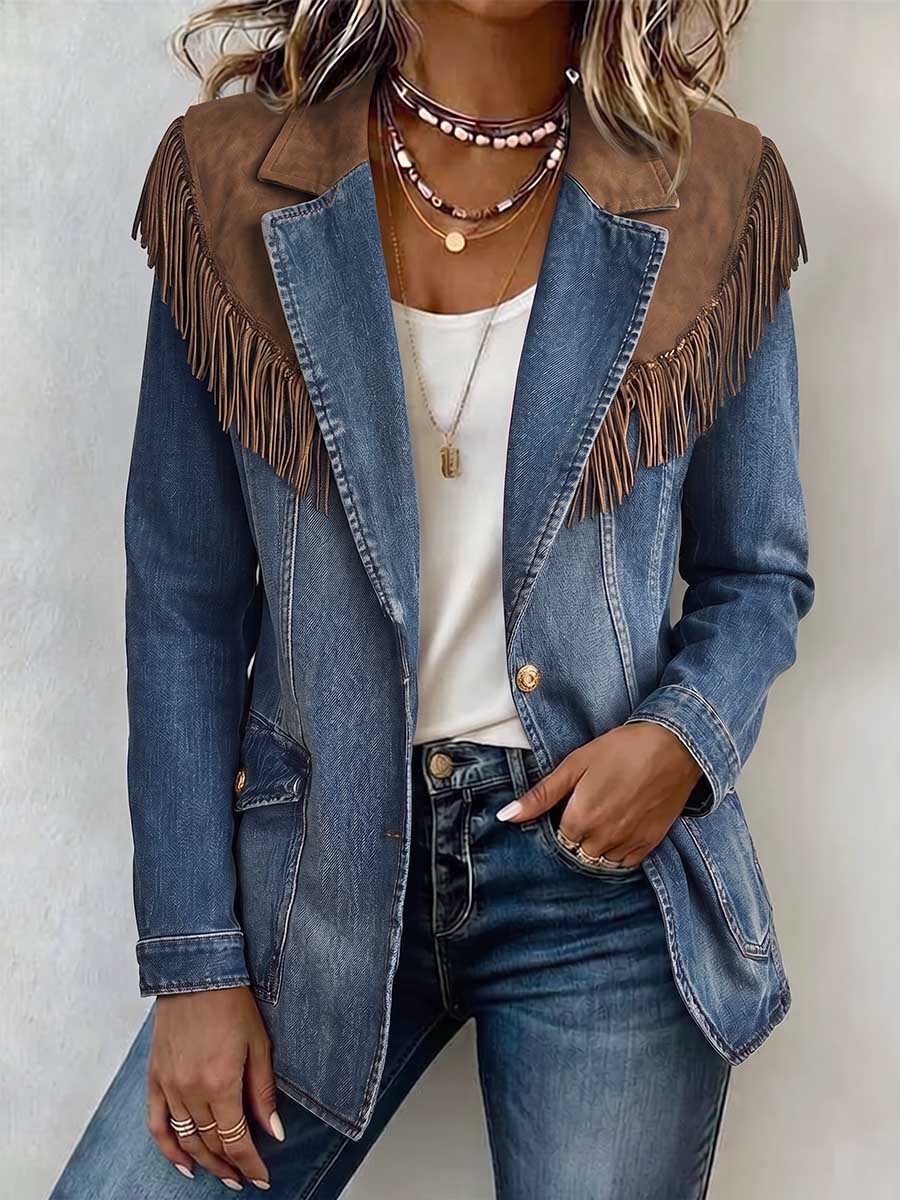Women's Collared Long-sleeved Casual Loose-fitting Tassel Denim Jacket