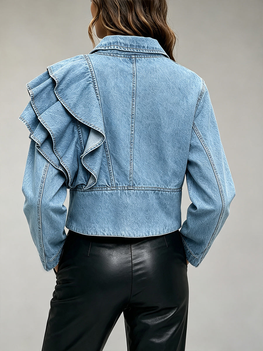 Casual Ruffled Cropped Denim Jacket