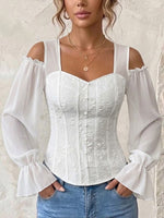 Elegant Off-shoulder Floral Jacquard Shirt – Square Neck, Long Sleeve