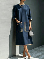 Minimalist Loose-fit Denim Dress With Gold Piping