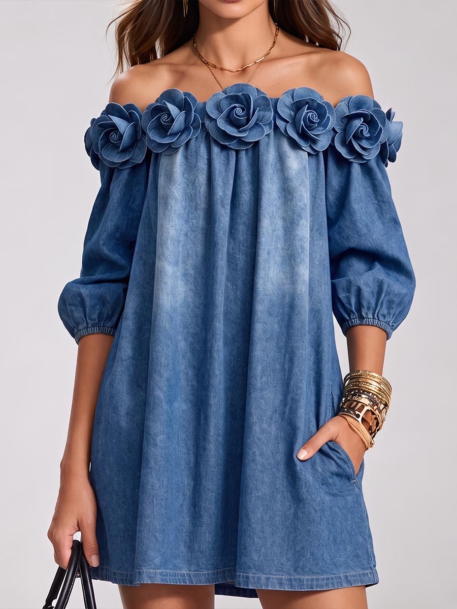 Women's 3d Floral Off-shoulder 3/4 Sleeve Casual Loose A-line Denim Dress