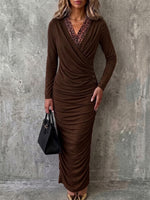 V-neck Leopard Spliced Wrap Ruched Long Sleeve Maxi Dress