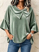 Top de terciopelo con cuello extragrande y mangas holgadas y acampanadas de largo medio
