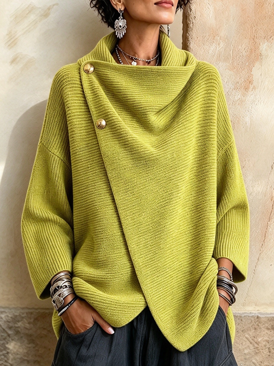 Lässiges, schickes gestricktes, asymmetrisches Oberteil mit Knöpfen