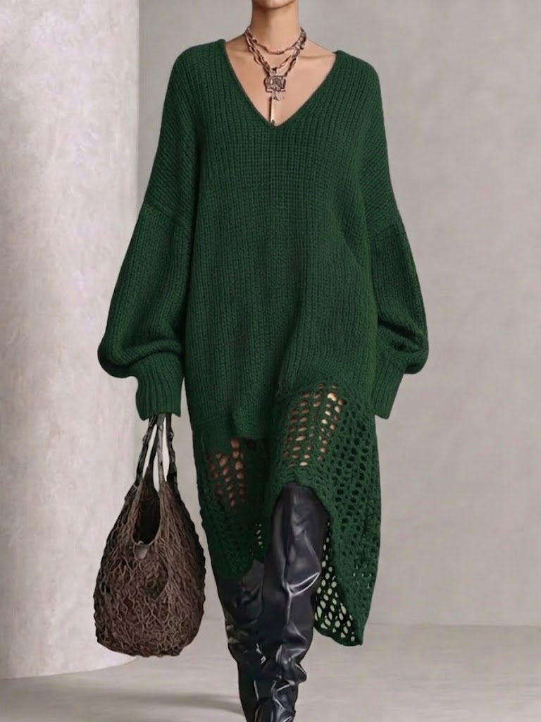 Long, Loose-fitting Knit Sweater Dress With A V-neck, Cut-out Details, And An Asymmetrical Hem