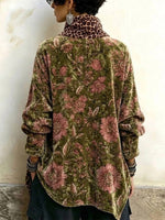 Asymmetrisches, hochgeschlossenes Samtoberteil mit Leoparden- und Blumendruck und Knopfleiste vorne