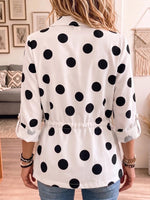 Women's Polka-dot Print Long-sleeve Casual Loose Drawstring Cardigan With Collar